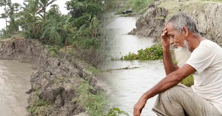 নদী ভাঙনের ফলে বসতঘর হারানো এক বৃদ্ধ